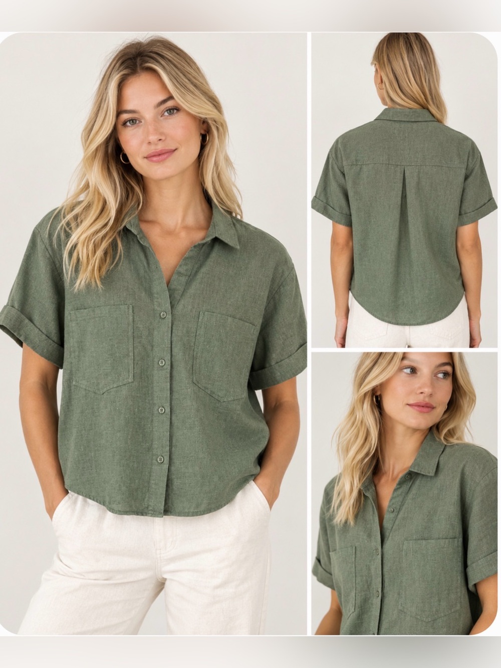 Velvet Heart Sage Green 100% Linen Button Up Cropped Shirt NWT Small